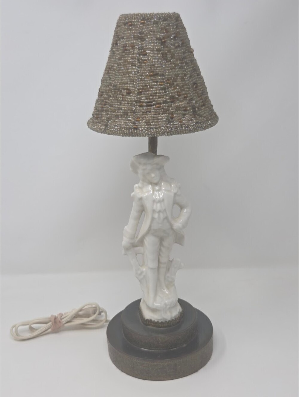Vintage Porcelain Gentleman Figurine Table Lamp Beaded Shade Brass Base